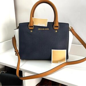 NWT | MICHAEL KORS Colorblock Selma Navy Blue Mercer Satchel Tote Crossbody
